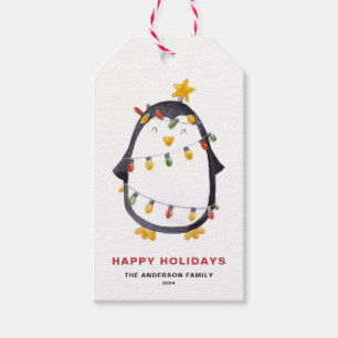 Etiqueta Para Presente Pinguim Aquarela com Feriado das Luzes de Natal