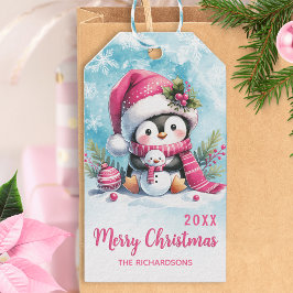Etiqueta Para Presente Pinguim Bonito Personalizado Rosa Feliz Natal Feli