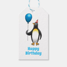 Etiqueta Para Presente Pinguim com um balão azul e um chapéu de festa