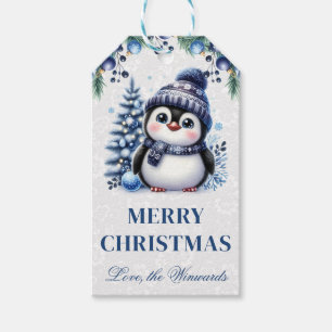 Etiqueta Para Presente Pinguim Fofo com Árvore e Enfeites de Natal