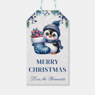 Etiqueta Para Presente Pinguim Fofo com Meia de Natal Azul de Natal
