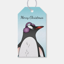 Etiqueta Para Presente Pinguim Gentoo Fofo Usando Proteção Auditiva no Az
