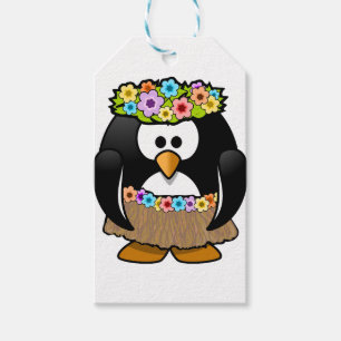 Etiqueta Para Presente Pinguim Havaiano com flores e saia de grama