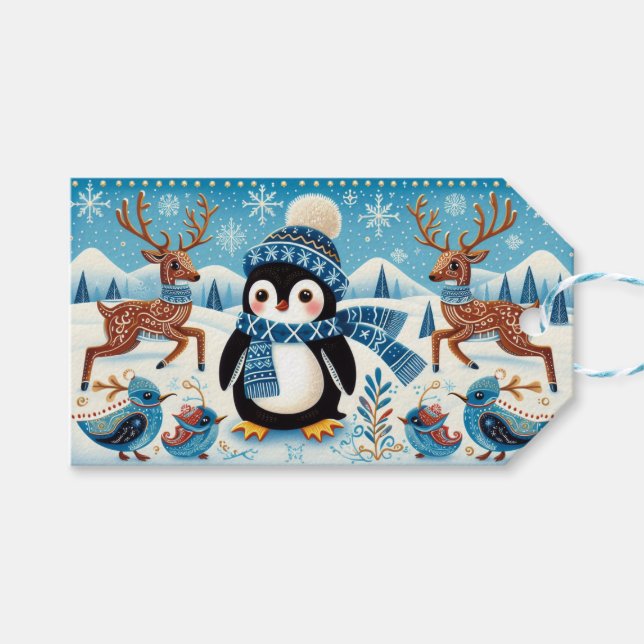 Etiqueta Para Presente Pinguins, Aves e Reindeer (Frente (horizontal))