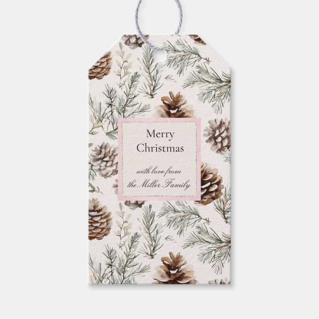 Etiqueta Para Presente Pinhas de Natal Creme Verde (Frente)