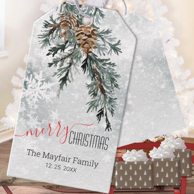 Etiqueta Para Presente Pinheiros de tosse azul Cones Snowy Woodland (Blue Juniper Bough Pine Cones Snowy Woodland Christmas Holiday Gift Wrapping Name Tag
)
