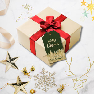 Etiqueta Para Presente Pinheiros Dourados Verde Simples e Escuros Feliz N