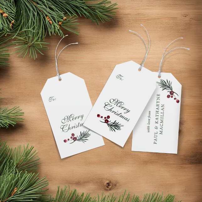 Etiqueta Para Presente Pinho de Água Elegante Moderno (Modern Elegant Watercolor Pine Christmas Gift Tags)