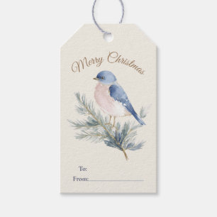 Etiqueta Para Presente Pinho de Natal com Azul Passarinho em Aquarela
