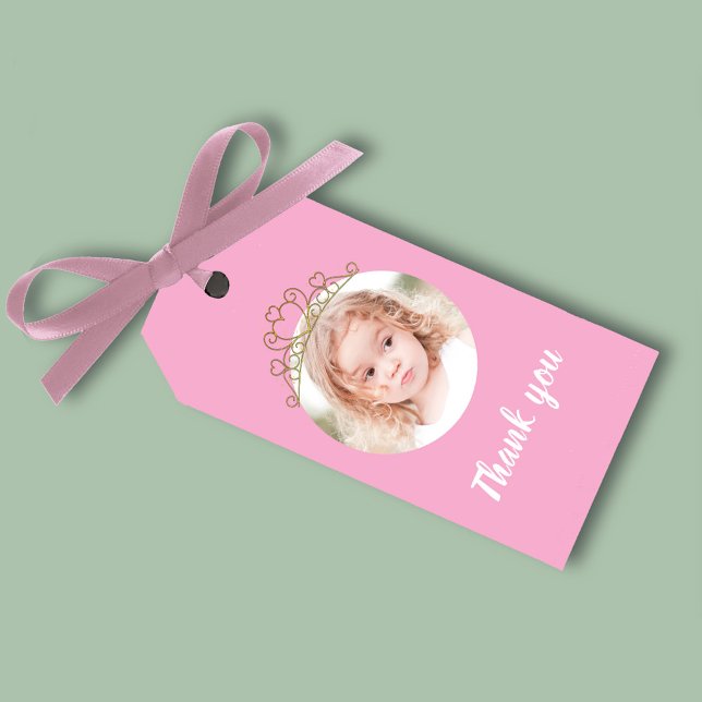 Etiqueta Para Presente Pink Birthday Girl Princess Tiara Photo  (Pink birthday party favor gift tag.)