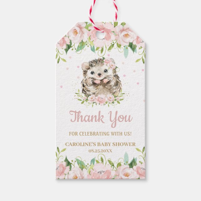 Etiqueta Para Presente Pink Blush Floral Cute Hedgehog Obrigado (Frente)