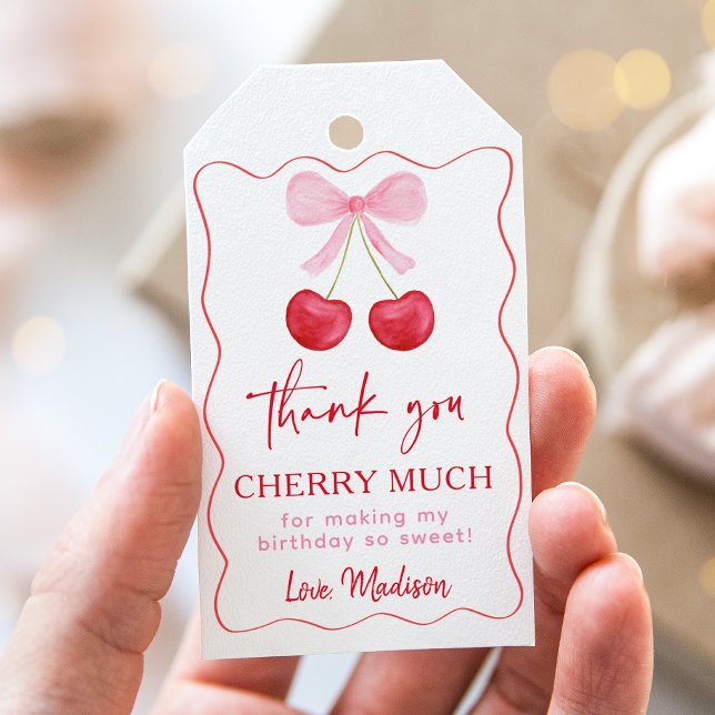 Etiqueta Para Presente Pink Bow Cherry Birthday Thank You (Criador carregado)