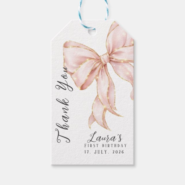 Etiqueta Para Presente Pink Bow Girl First Birthday Party  (Frente)
