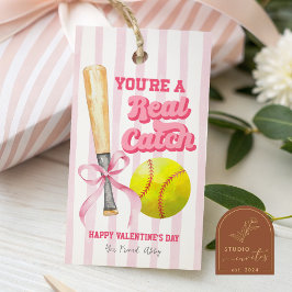 Etiqueta Para Presente Pink Bow Sports Softball Stripe Valentine Tag