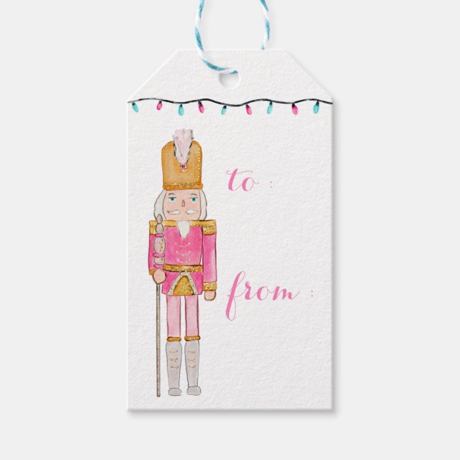 Etiqueta Para Presente Pink Christmas Nutcracker Holiday Lights (Frente)