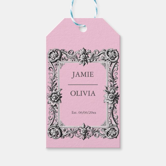 Etiqueta Para Presente PINK Custom Victorian Scroll Frame  – wedding (Frente)