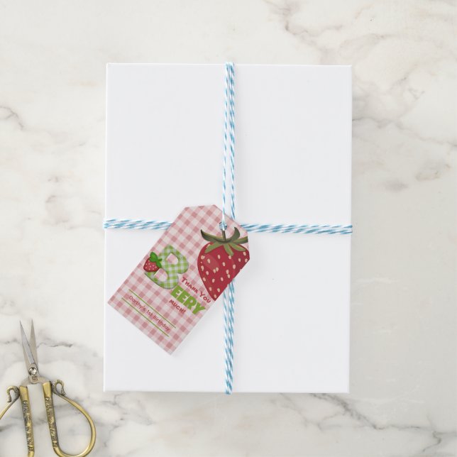 Etiqueta Para Presente Pink Gingham Obrigada Muito Morango  (Com cordão)