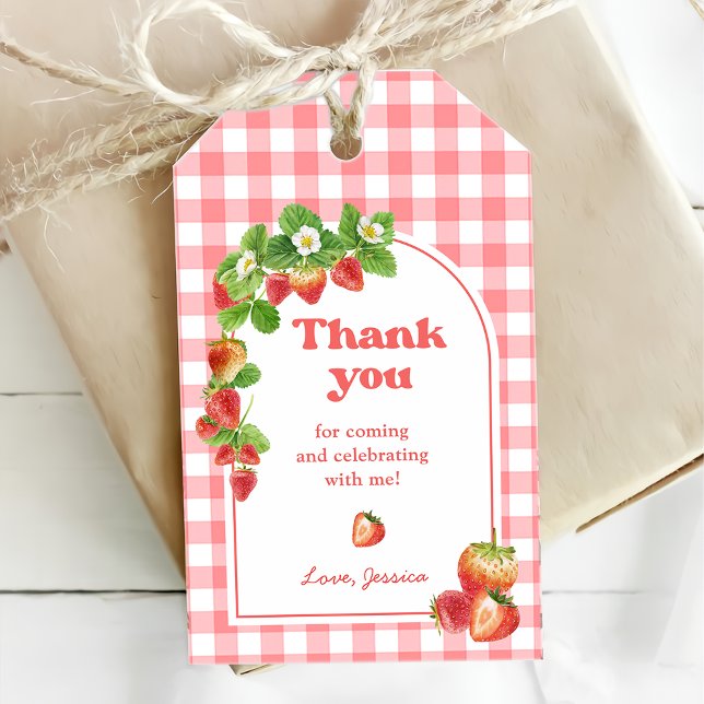 Etiqueta Para Presente Pink Gingham Strawberry Aniversário (Criador carregado)