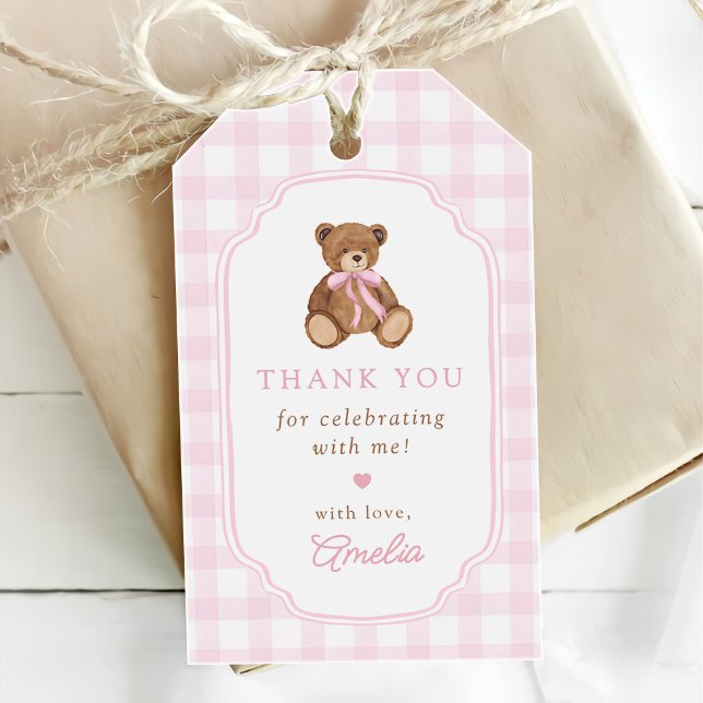 Etiqueta Para Presente Pink Gingham Teddy Bear Beary First Birthday (Criador carregado)