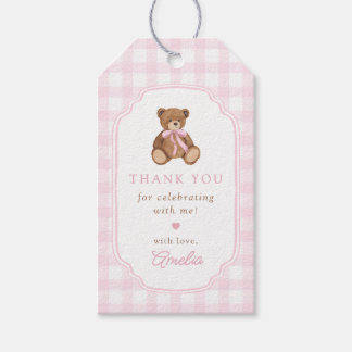 Etiqueta Para Presente Pink Gingham Teddy Bear Beary First Birthday