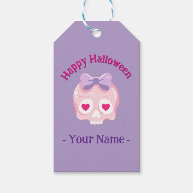 Etiqueta Para Presente Pink Pastel Personalizado e Crânio Roxo (Frente)