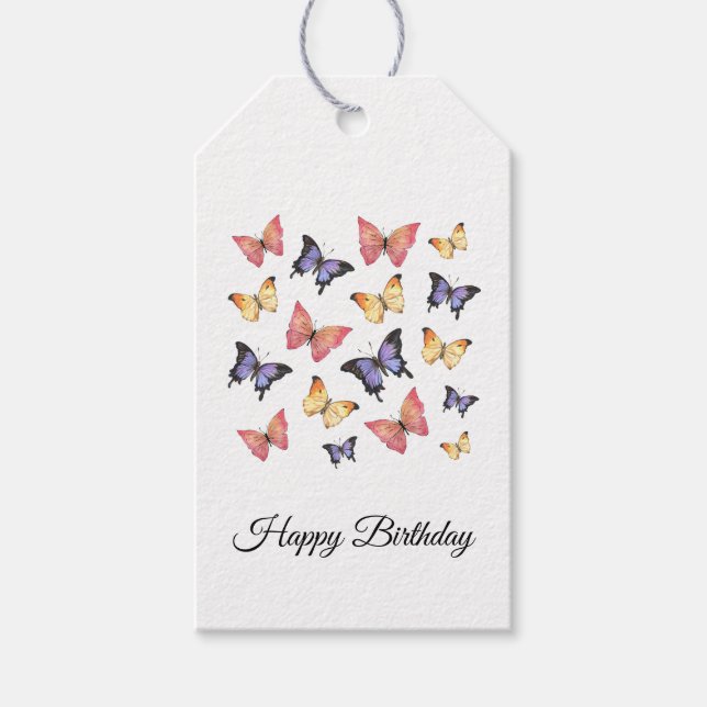 Etiqueta Para Presente Pink Purple Butterflies Happy Birthday Script (Frente)