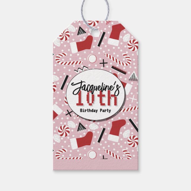 Etiqueta Para Presente Pink Retro Christmas Peppermint Birthday (Frente)