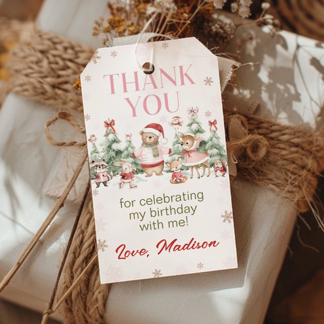 Etiqueta Para Presente Pink Winter Woodland Animals Birthday Thank You (Criador carregado)