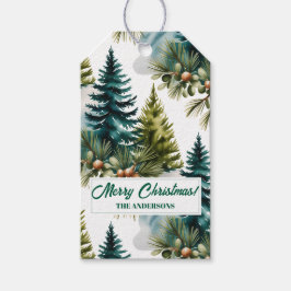 Etiqueta Para Presente Pino de Aquarela Padrão Elegante Inverno