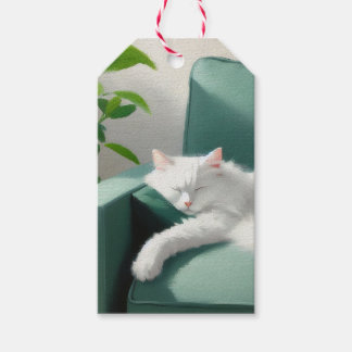 Etiqueta Para Presente Pintura de Gato Dormindo em um Golpe Verde