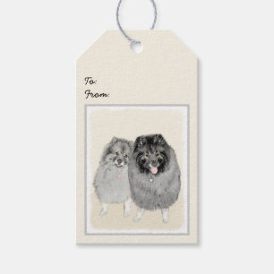Etiqueta Para Presente Pintura de Keeshond, Mãe e Filho - Arte Original 