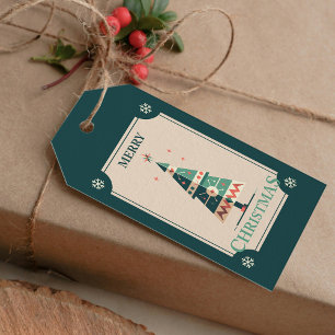 Etiqueta Para Presente Placa de Natal Retroativa com Design de Árvore Geo