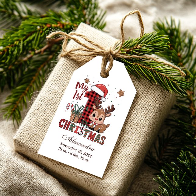 Etiqueta Para Presente Plaid Reindeer First Christmas (Criador carregado)