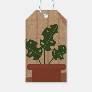 Etiqueta Para Presente Plantas Monstera Fundo Xadrez Terracota Rosa