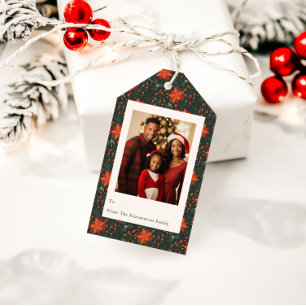 Etiqueta Para Presente Poinsétia Vermelha Tradicional Família Foto Natal