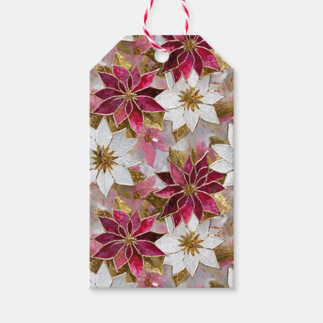 Etiqueta Para Presente Poinsettias de Natal Rosa Douradas Brancas (Frente)