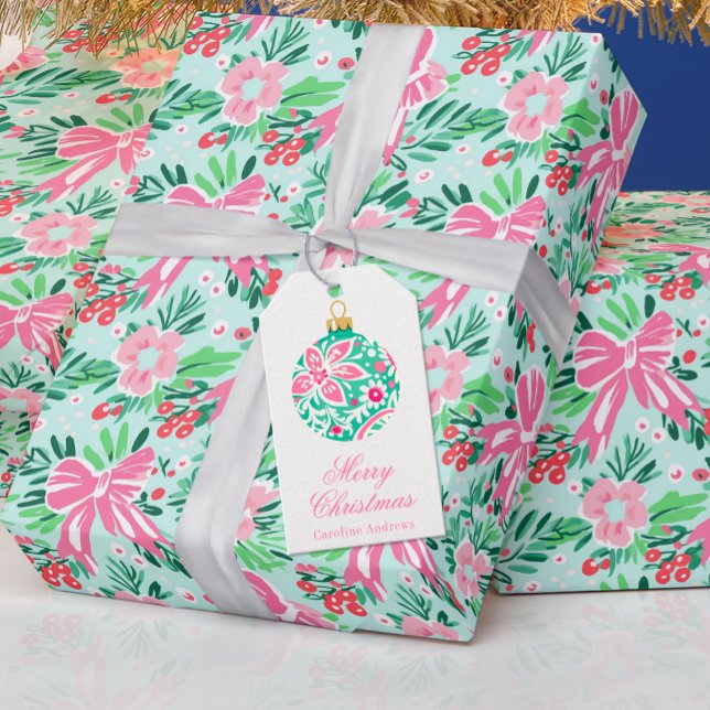 Etiqueta Para Presente Preppy Pink e Enfeites de natal Verde (Criador carregado)