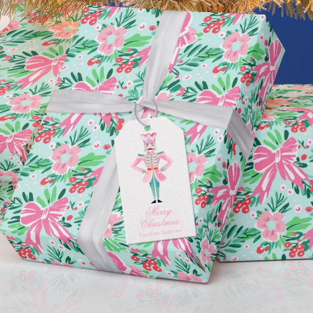 Etiqueta Para Presente Preppy Pink & Green Christmas Nutcracker (Criador carregado)