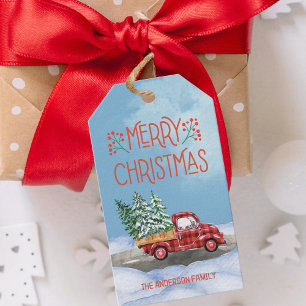Etiqueta Para Presente Presença de Natal do Caminhão Vermelho com Xadrez 