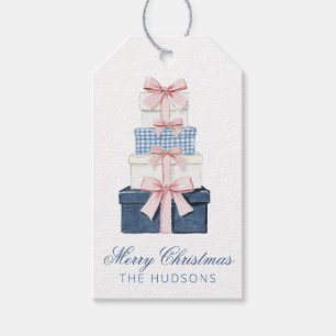 Etiqueta Para Presente Presentes com Laço de Xadrez Azul e Rosa de Natal