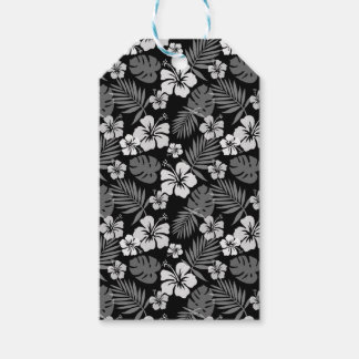 ETIQUETA PARA PRESENTE PRETO COM FLORES DE HIBISCUS BRANCOS TROPICAIS