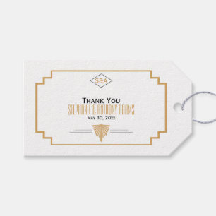 Etiqueta Para Presente Preto do monograma, ouro e art deco branco Wedding