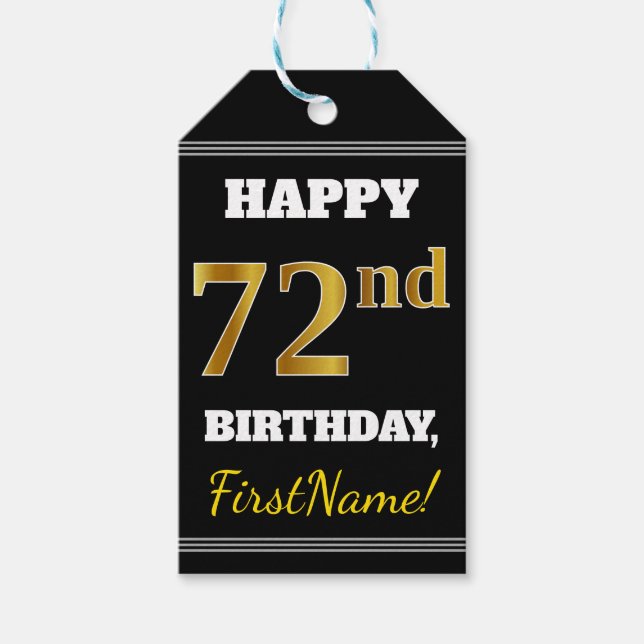 Etiqueta Para Presente Preto, Faux Dourado 72º Aniversário + Nome Persona (Frente)