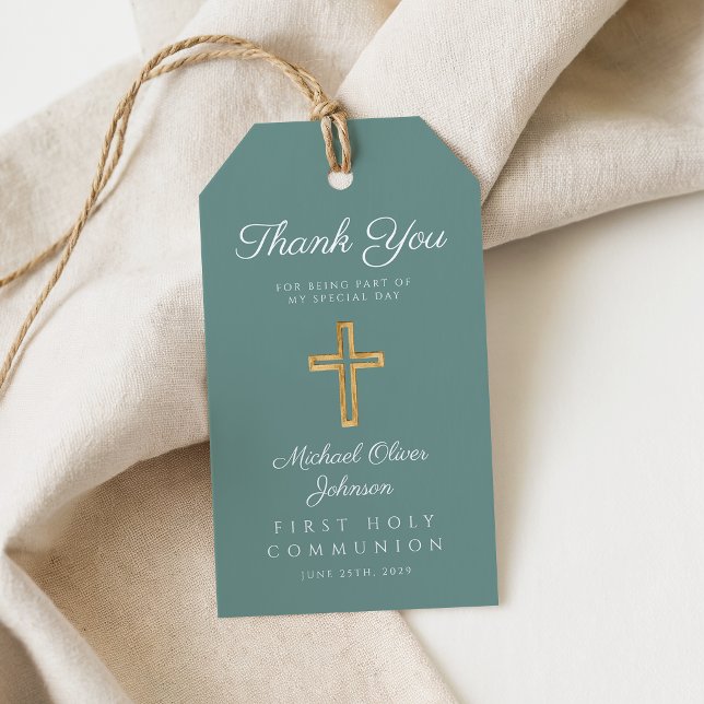 Etiqueta Para Presente Primeira comuna religiosa Cruz Verde (Religious Cross Green Boy First Communion Gift Tags)