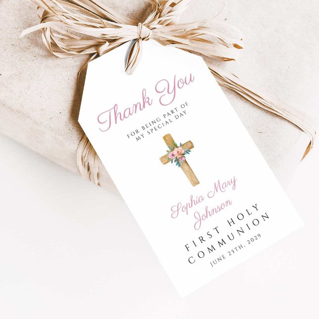 Etiqueta Para Presente Primeira Comunhão de Rapariga Floral Moderna (Modern Floral Cross Girl First Communion Gift Tags)