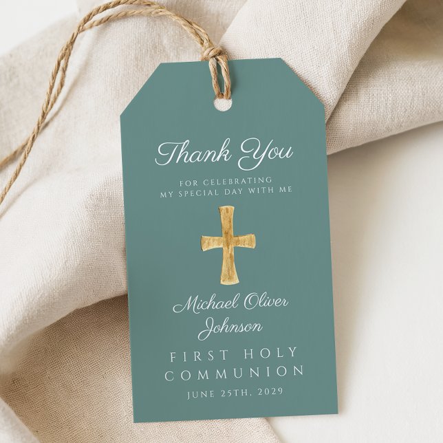 Etiqueta Para Presente Primeira Comunicação da Cruz Religiosa Verde (Green Religious Cross Boy First Communion Gift Tags)