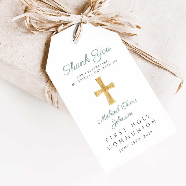 Etiqueta Para Presente Primeira Comunicação da Cruz Religiosa Verde Obrig (Green Religious Cross First Communion Thank You Gift Tags)