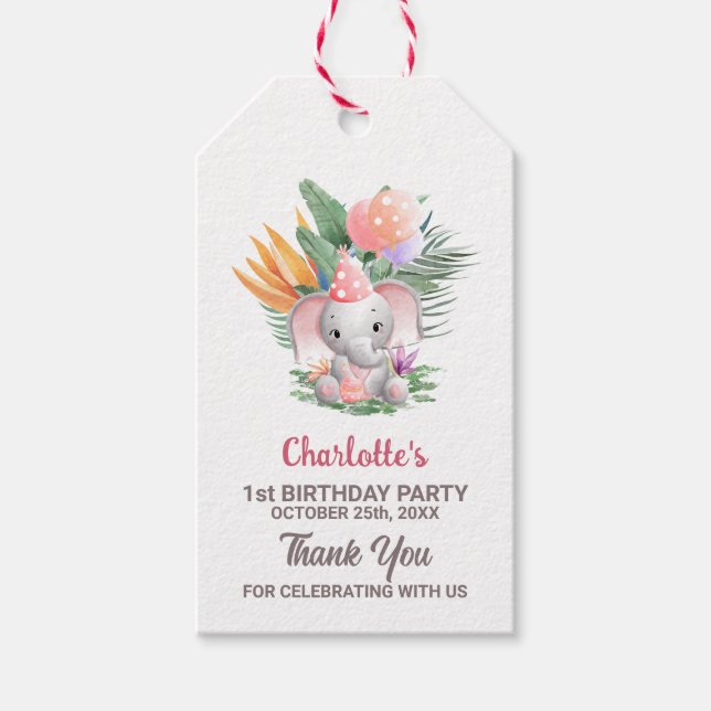 Etiqueta Para Presente Primeiro aniversario de Elefante Rosa Bonito Obrig (Frente)