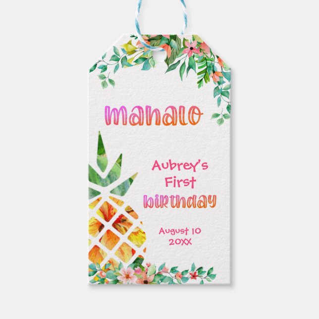 Etiqueta Para Presente Primeiro Aniversário do Abacaxi Tropical MAHALO Ob (Frente)