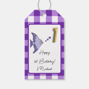 Etiqueta Para Presente Primeiro aniversario Feliz de Gingham Roxo de Peix